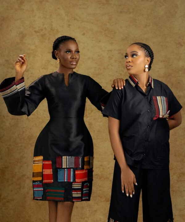 AYANMOIRE – African-Inspired Outfits with Multicolor Aso-Oke Patchwork Detailing