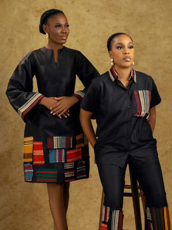 AYANMOIRE Dress & Two-Piece Set – Elegant Black African-Inspired Outfits with Multicolor Aso-Oke Patchwork Detailing - Image 7