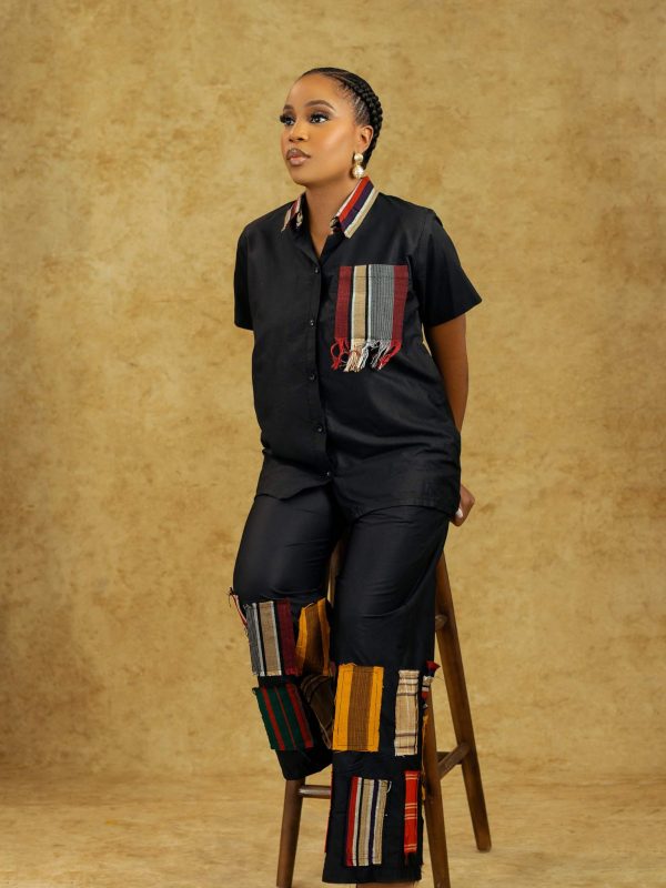 AYANMOIRE Dress & Two-Piece Set – Elegant Black African-Inspired Outfits with Multicolor Aso-Oke Patchwork Detailing - Image 6