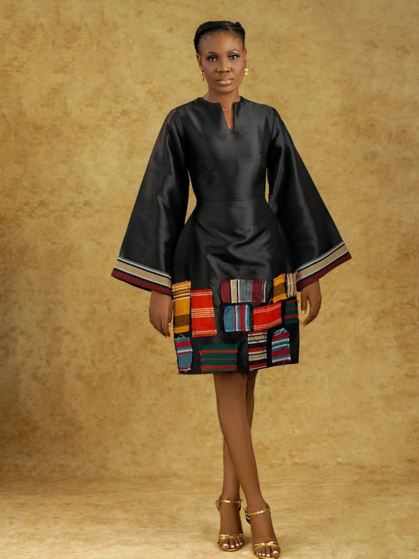 AYANMOIRE Dress & Two-Piece Set – Elegant Black African-Inspired Outfits with Multicolor Aso-Oke Patchwork Detailing - Image 4
