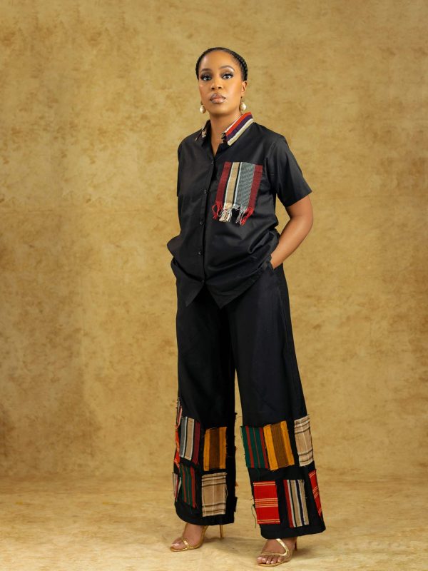 AYANMOIRE Dress & Two-Piece Set – Elegant Black African-Inspired Outfits with Multicolor Aso-Oke Patchwork Detailing - Image 3