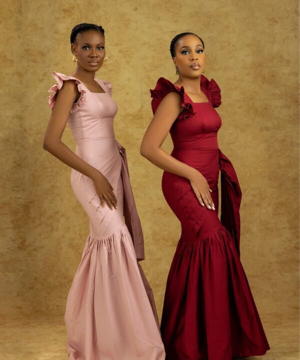 ADUN Dress – Elegant Wine Red Ruffle Sleeve Fishtail Gown - Image 6