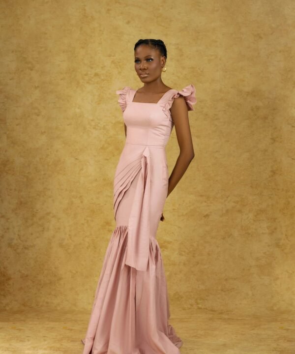 ADUN Dress – Elegant Wine Red Ruffle Sleeve Fishtail Gown - Image 3