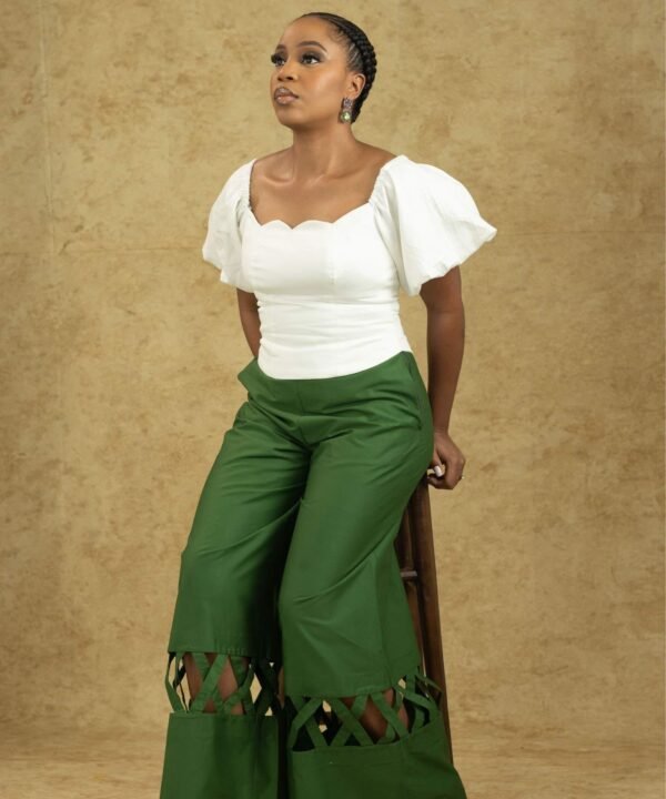 Zuri Set – Women's Puff Sleeve Corset Top & Wide-Leg Pants with Cutout Hem | Bold & Elegant Two-Piece Outfit - Image 6