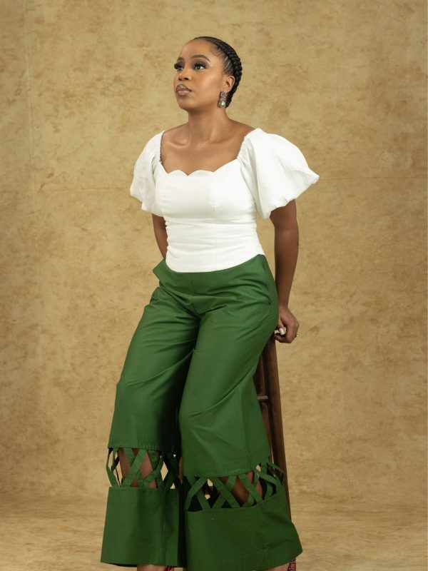 Zuri Set – Women's Puff Sleeve Corset Top & Wide-Leg Pants with Cutout Hem | Bold & Elegant Two-Piece Outfit - Image 6