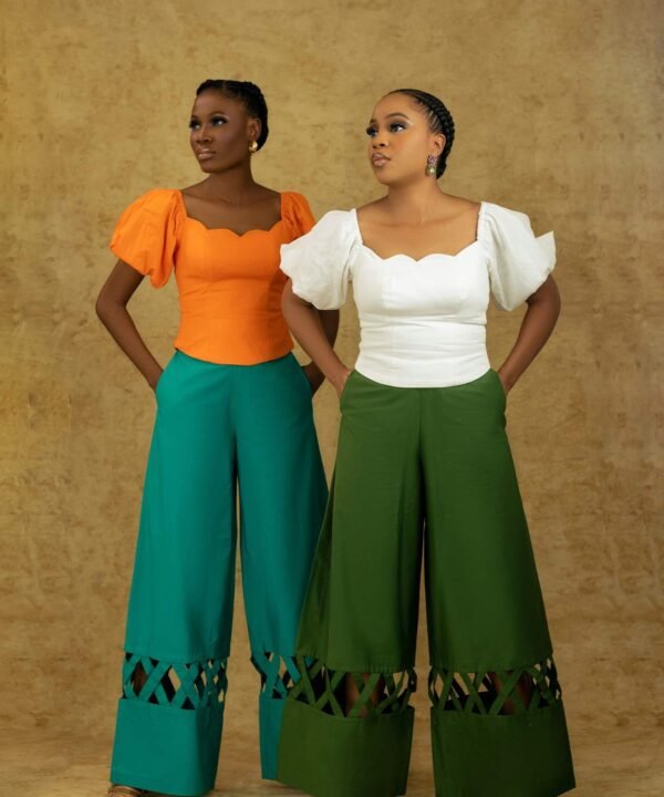 Zuri Set – Women's Puff Sleeve Corset Top & Wide-Leg Pants with Cutout Hem | Bold & Elegant Two-Piece Outfit - Image 5