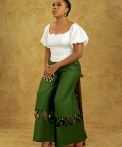 Zuri Set – Women's Puff Sleeve Corset Top & Wide-Leg Pants with Cutout Hem | Bold & Elegant Two-Piece Outfit