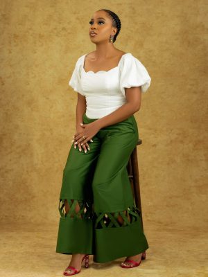 Zuri Set – Women's Puff Sleeve Corset Top & Wide-Leg Pants with Cutout Hem | Bold & Elegant Two-Piece Outfit
