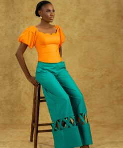 Alternative view of Zuri Set – Women's Puff Sleeve Corset Top & Wide-Leg Pants with Cutout Hem | Bold & Elegant Two-Piece Outfit