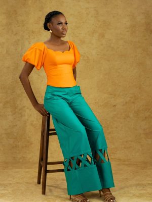 Alternative view of Zuri Set – Women's Puff Sleeve Corset Top & Wide-Leg Pants with Cutout Hem | Bold & Elegant Two-Piece Outfit
