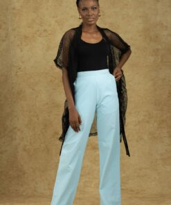 Woman wearing light blue wide-leg pants with black bodysuit and mesh kimono – Breez Set
