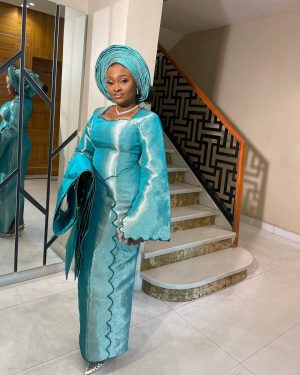 Alternative view of Elegant Aqua Blue Nigerian Aso Oke Traditional Attire for Women –  Yoruba Wedding & Special Occasion Outfit
