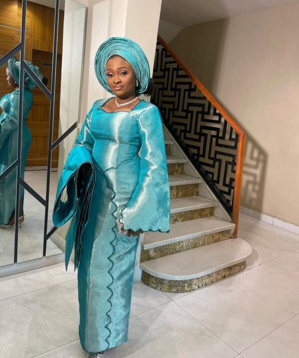 Alternative view of Elegant Aqua Blue Nigerian Aso Oke Traditional Attire for Women –  Yoruba Wedding & Special Occasion Outfit