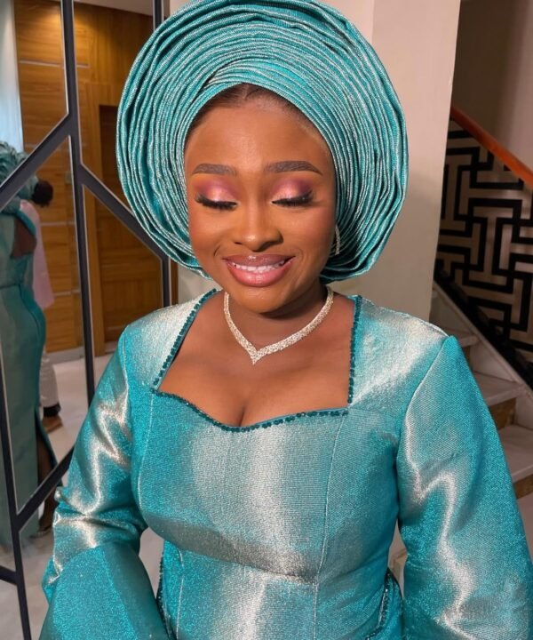 Elegant Aqua Blue Nigerian Aso Oke Traditional Attire for Women –  Yoruba Wedding & Special Occasion Outfit - Image 3