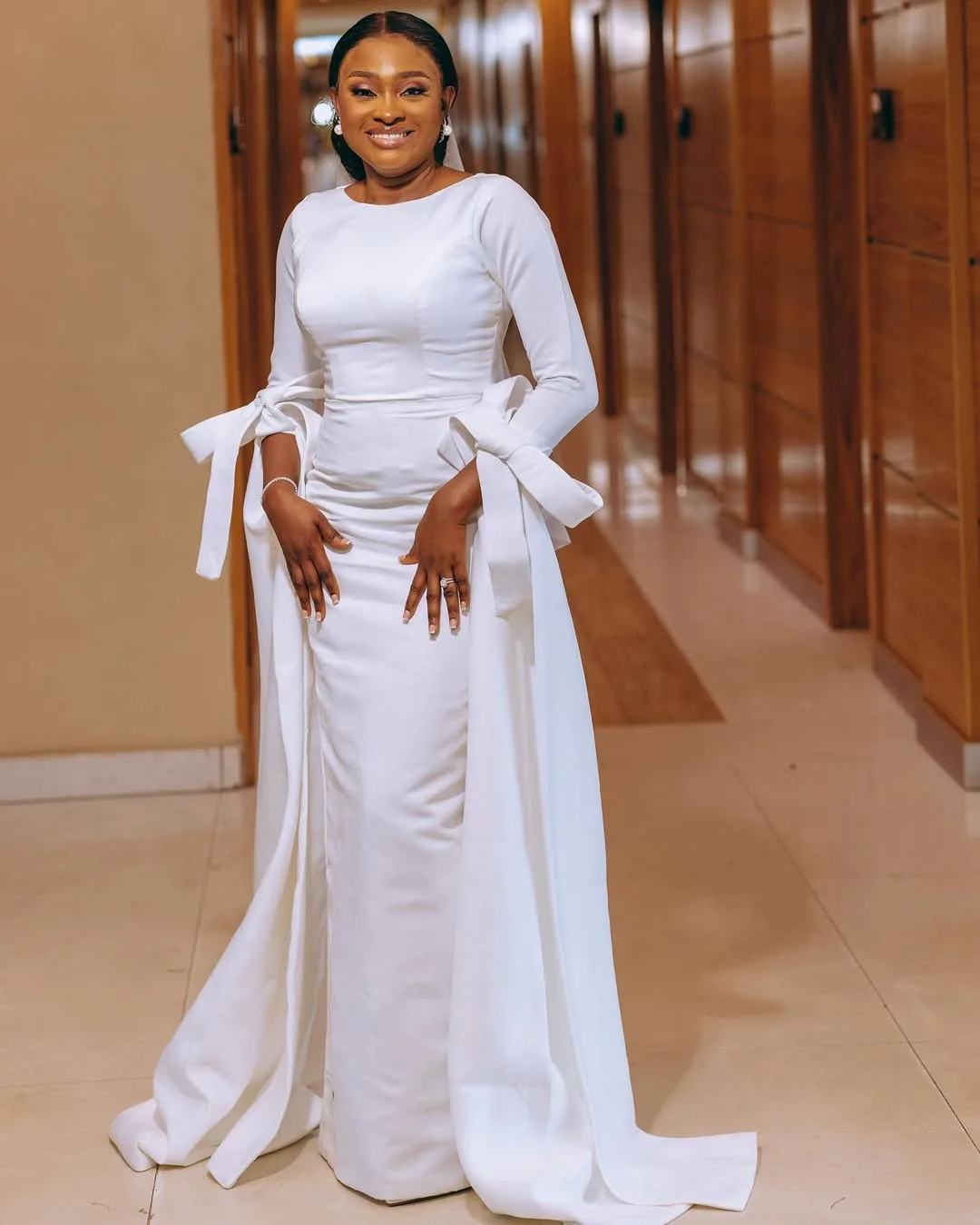 ADEOLA African White Wedding Dress With Long Sleeves and Train - Image 4