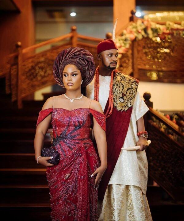 Luxury Red Sequin Aso Ebi Gown with Off-Shoulder Sleeves – Elegant African Wedding & Party Outfit - Image 5