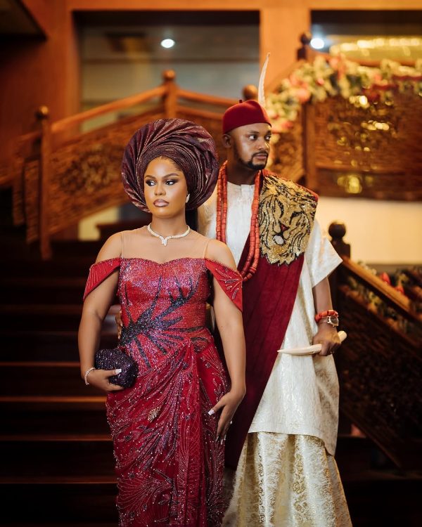 Luxury Red Sequin Aso Ebi Gown with Off-Shoulder Sleeves – Elegant African Wedding & Party Outfit - Image 5