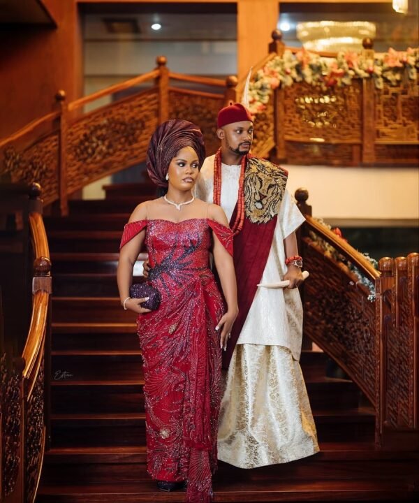 Luxury Red Sequin Aso Ebi Gown with Off-Shoulder Sleeves – Elegant African Wedding & Party Outfit - Image 3