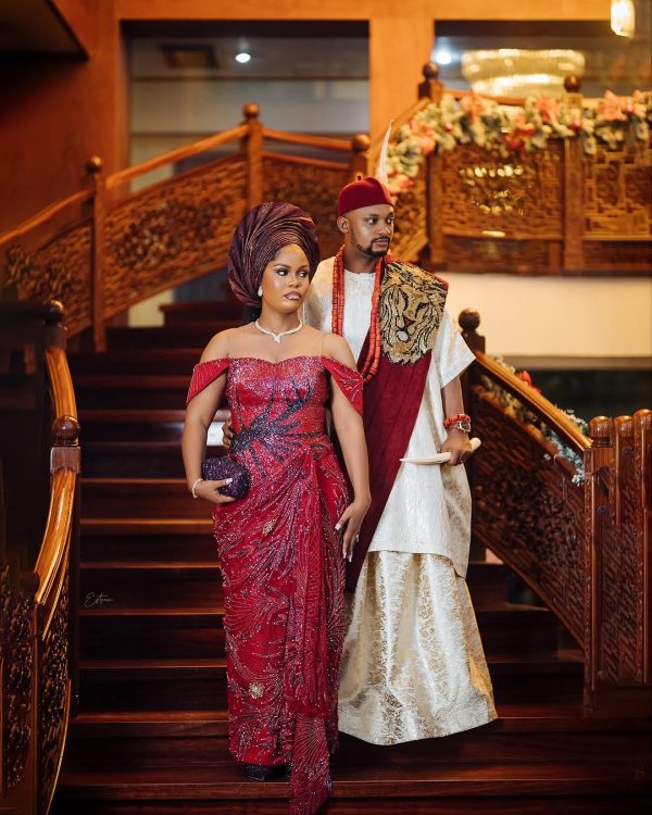 Luxury Red Sequin Aso Ebi Gown with Off-Shoulder Sleeves – Elegant African Wedding & Party Outfit - Image 3