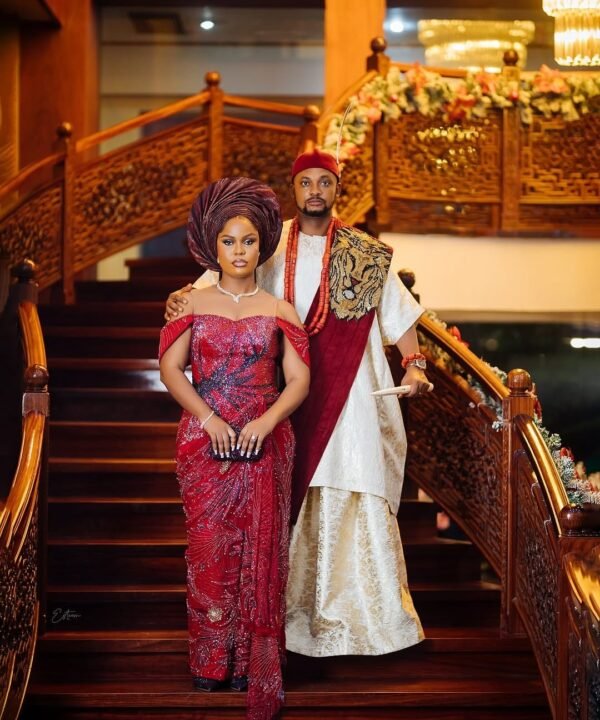 Luxury Red Sequin Aso Ebi Gown with Off-Shoulder Sleeves – Elegant African Wedding & Party Outfit - Image 4