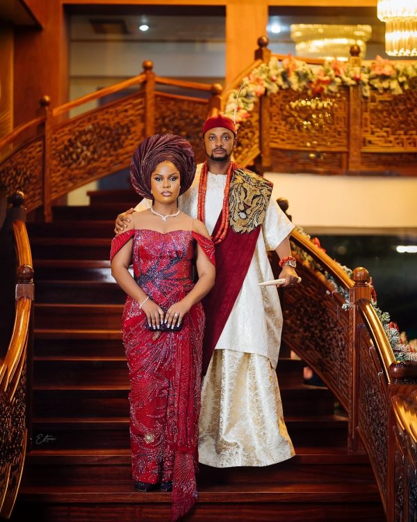 Luxury Red Sequin Aso Ebi Gown with Off-Shoulder Sleeves – Elegant African Wedding & Party Outfit - Image 4