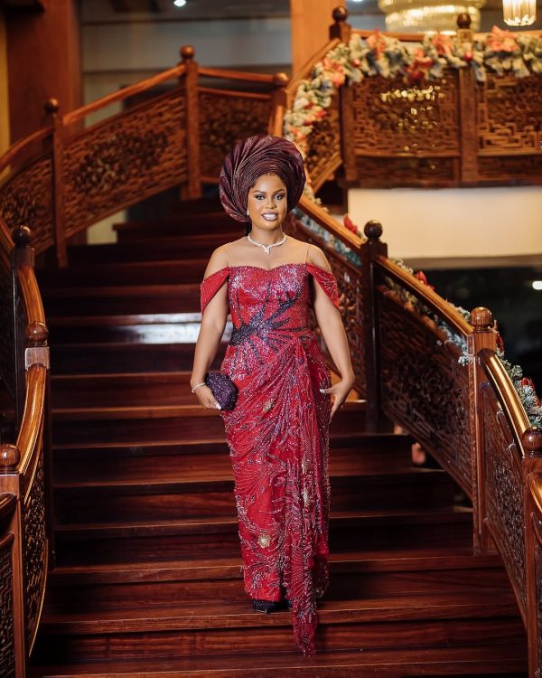 Luxury Red Sequin Aso Ebi Gown with Off-Shoulder Sleeves – Elegant African Wedding & Party Outfit - Image 2