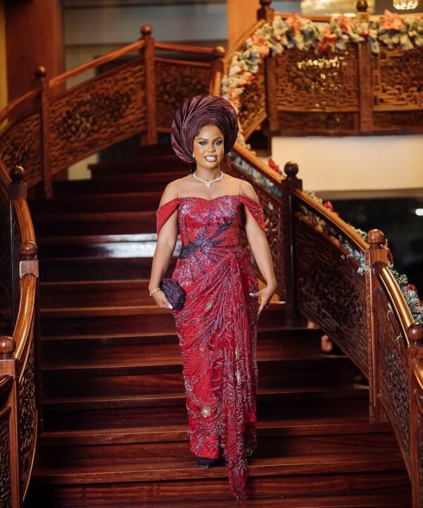 Luxury Red Sequin Aso Ebi Gown with Off-Shoulder Sleeves – Elegant African Wedding & Party Outfit