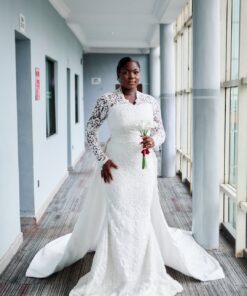 Elegant Long Sleeve Lace Wedding Dress with Train – Bespoke Bridal Gown | Bojamiley Lagos