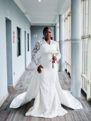 Elegant Long Sleeve Lace Wedding Dress with Train – Bespoke Bridal Gown | Bojamiley Lagos