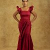 ADUN Dress – Elegant Wine Red Ruffle Sleeve Fishtail Gown | Formal Occasion & Statement Evening Dress for Women