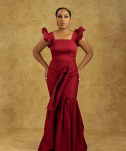 ADUN Dress – Elegant Wine Red Ruffle Sleeve Fishtail Gown | Formal Occasion & Statement Evening Dress for Women