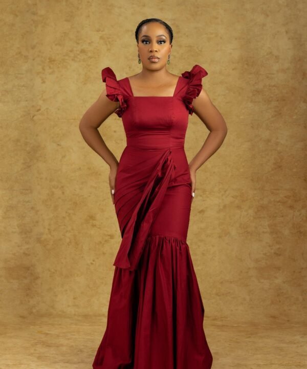 ADUN Dress – Elegant Wine Red Ruffle Sleeve Fishtail Gown