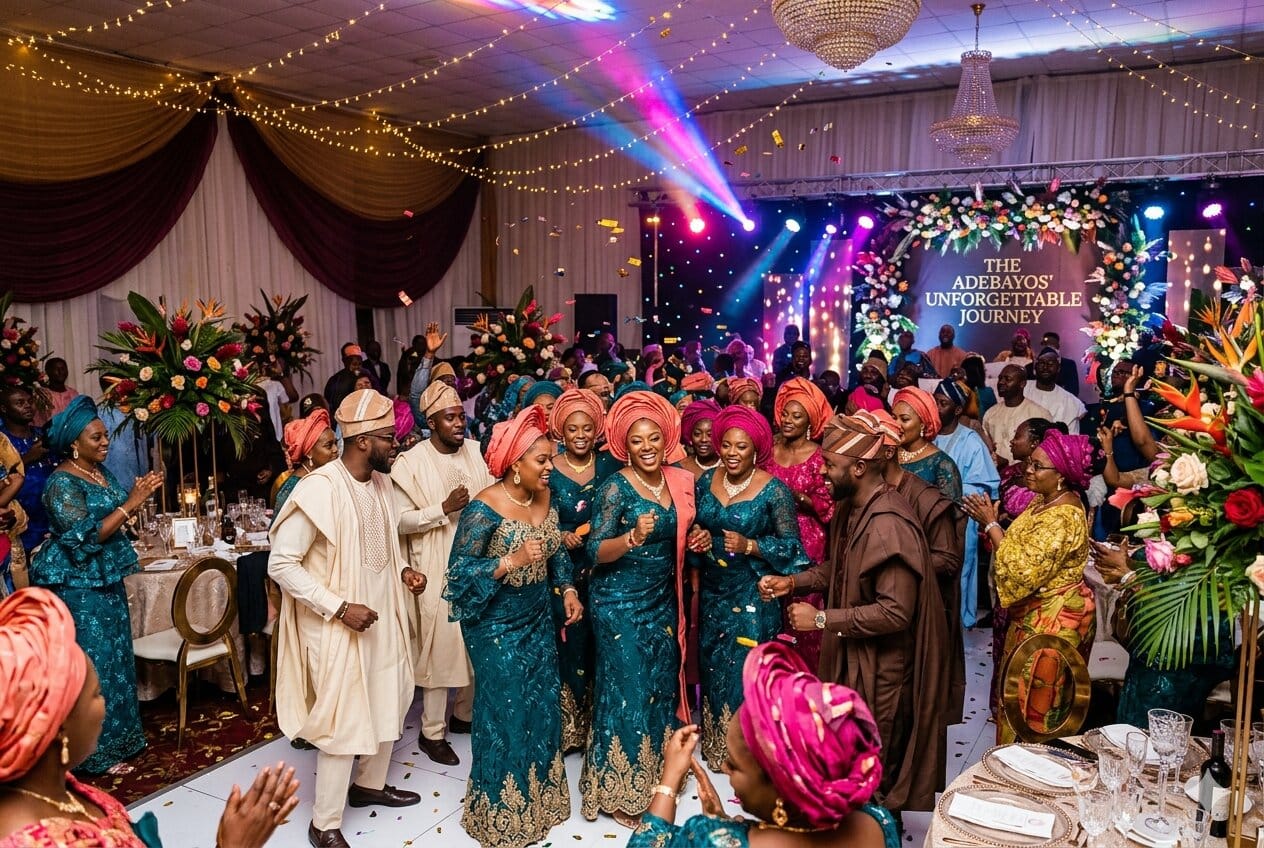 Nigerian wedding reception with guests in colourful outfits dancing and celebrating at an owambe