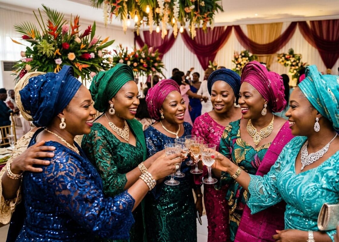 Stylish wedding guests at a Nigerian owambe celebration wearing colourful outfits and gele headwraps