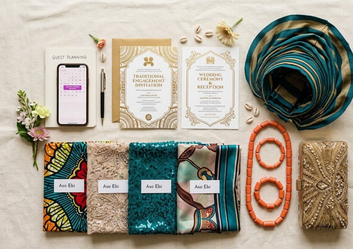 Nigerian wedding guest preparation flat-lay with invitation, fabric, gele, coral beads, and accessories