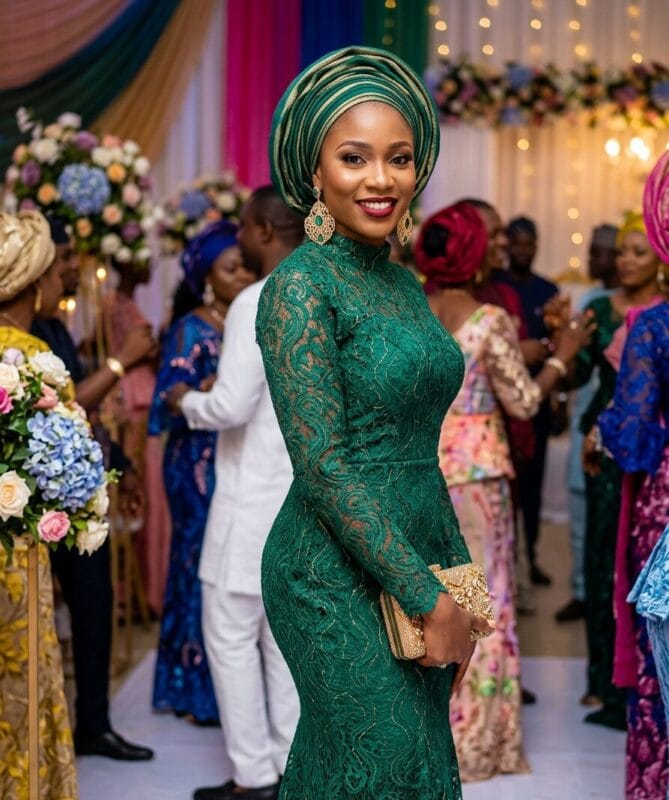 Woman in a deep-coloured lace gown styled for a Nigerian wedding guest appearance