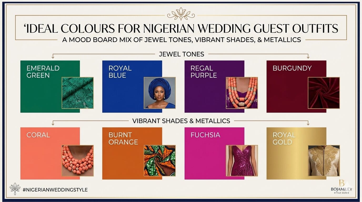 Colour guide for Nigerian wedding guest outfits showing jewel tones, metallics, and bold colours