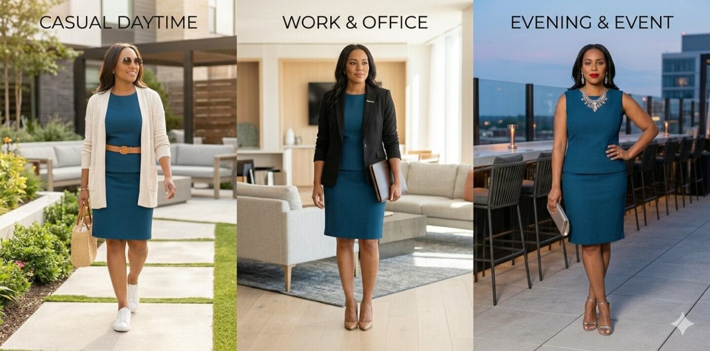 One ready to wear outfit styled three different ways for different occasions