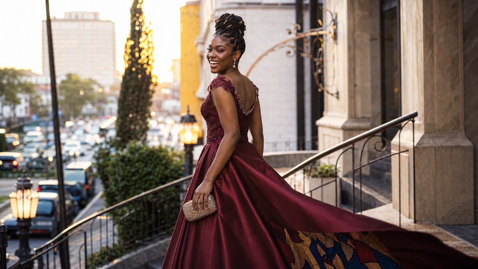 Diaspora prom-goer wearing custom Nigerian-designed couture gown with cultural fabric accents