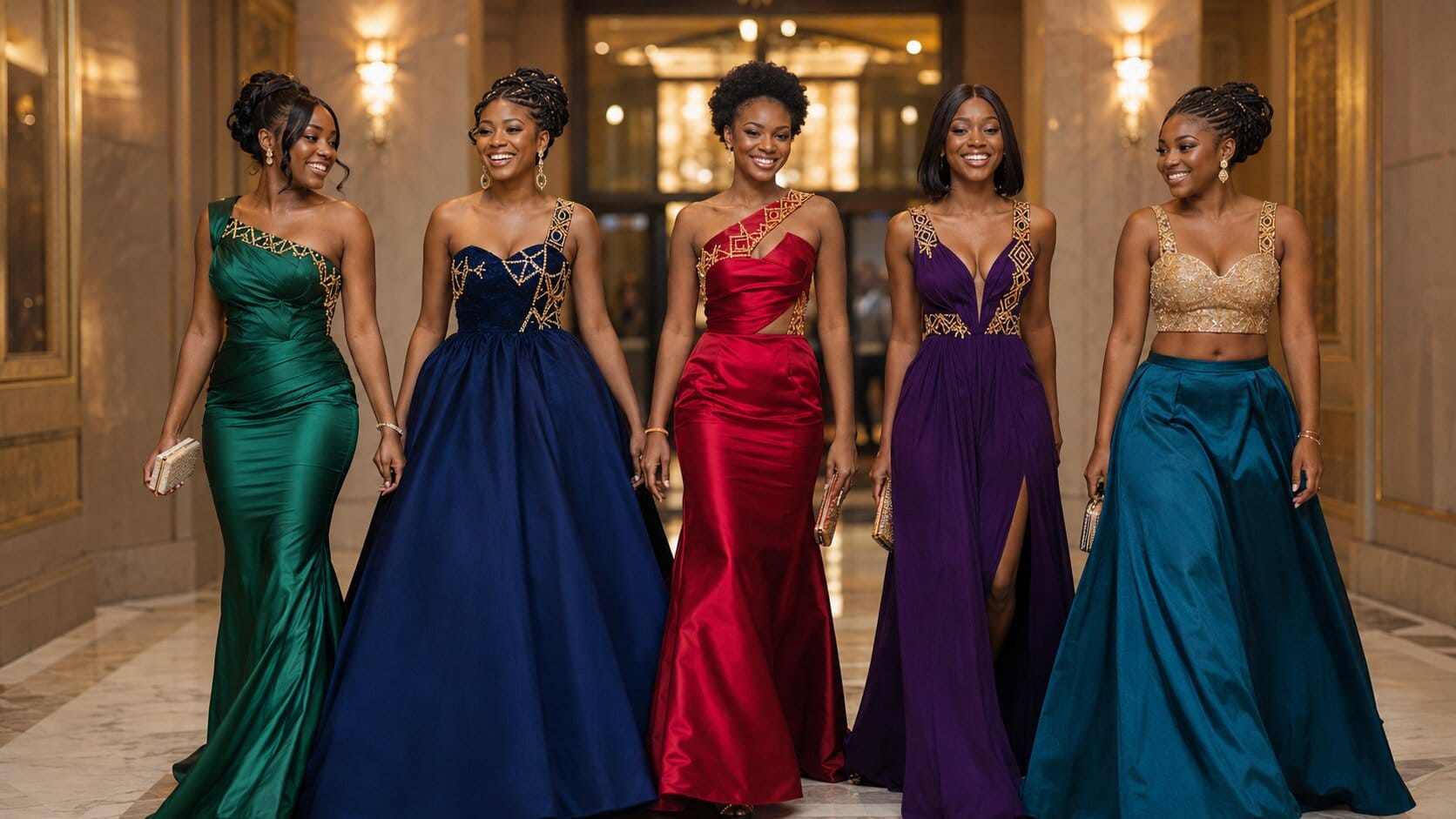 Group of African diaspora friends in coordinated custom Nigerian-made prom gowns walking together