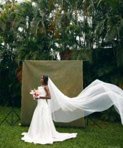 Elegant off shoulder white wedding dress with cathedral veil