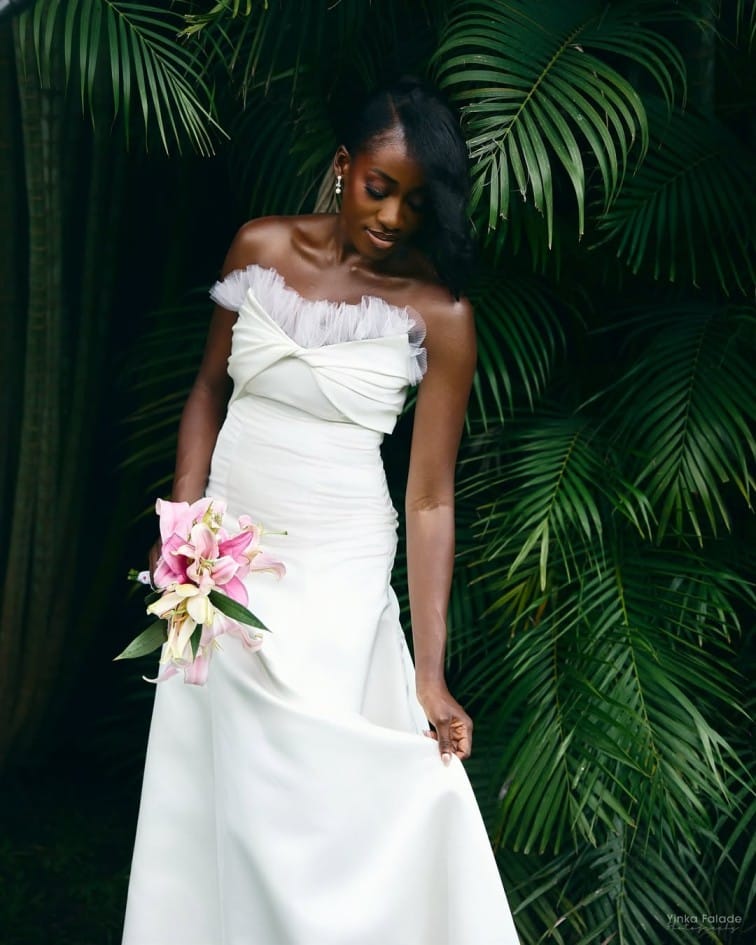 Elegant off shoulder white wedding dress with cathedral veil