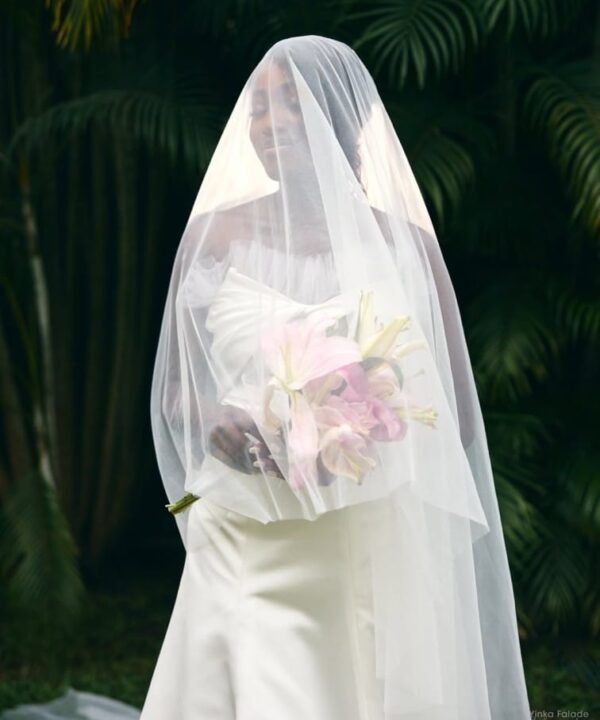 Alternative view of Ohita White Wedding Dress – Luxury Minimalist Bridal Gown with Dramatic Cathedral Veil