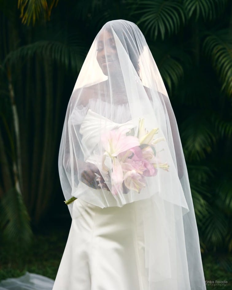 Elegant off shoulder white wedding dress with cathedral veil