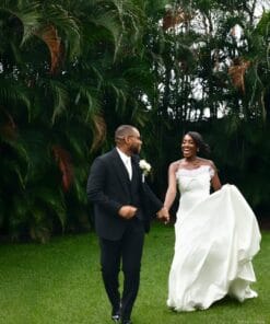 Elegant off shoulder white wedding dress with cathedral veil
