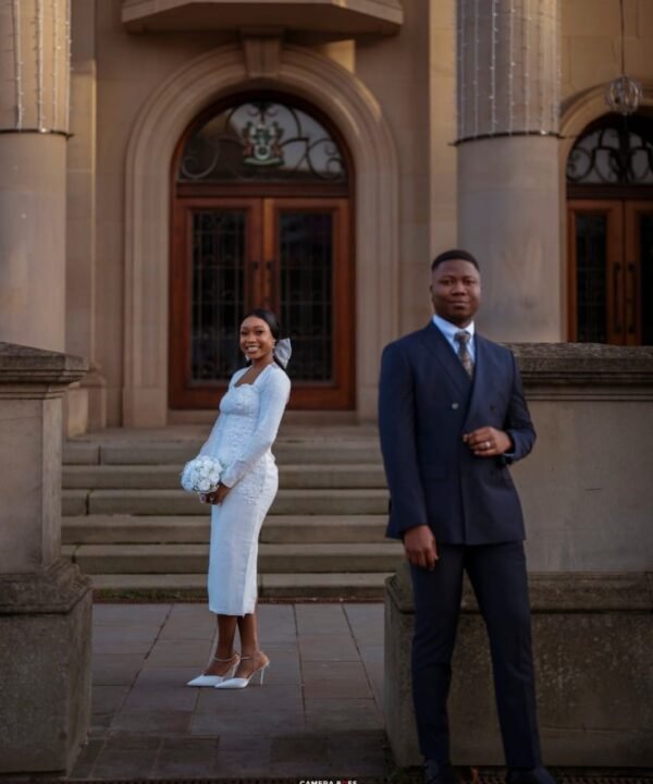 Elegant long sleeve white court wedding dress for women by Bojamiley featuring a modern minimalist civil bridal design perfect for registry and intimate weddings.