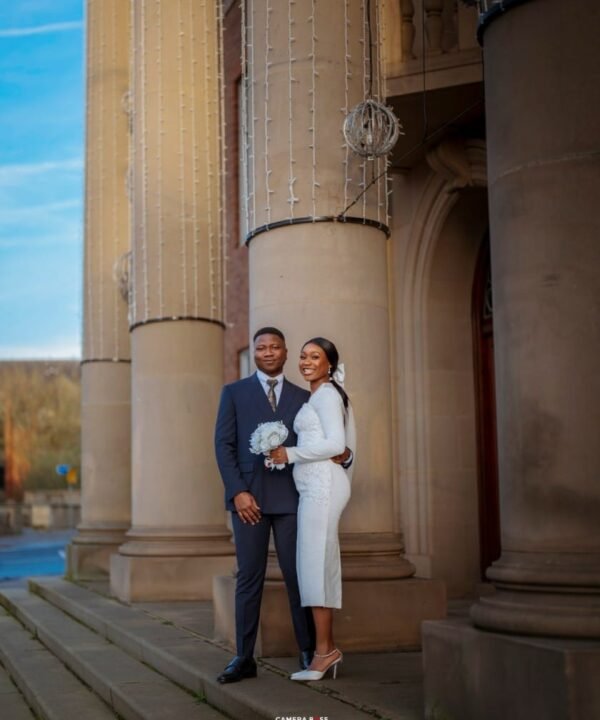 Elegant long sleeve white court wedding dress for women by Bojamiley featuring a modern minimalist civil bridal design perfect for registry and intimate weddings.