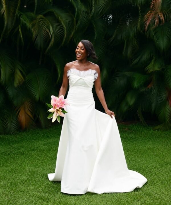 Elegant off shoulder white wedding dress with cathedral veil