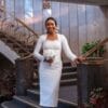 Elegant long sleeve white court wedding dress for women by Bojamiley featuring a modern minimalist civil bridal design perfect for registry and intimate weddings.