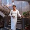 Elegant long sleeve white court wedding dress for women by Bojamiley featuring a modern minimalist civil bridal design perfect for registry and intimate weddings.
